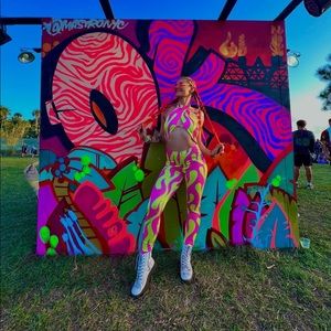 Dolls kill yellow and pink flame jumpsuit